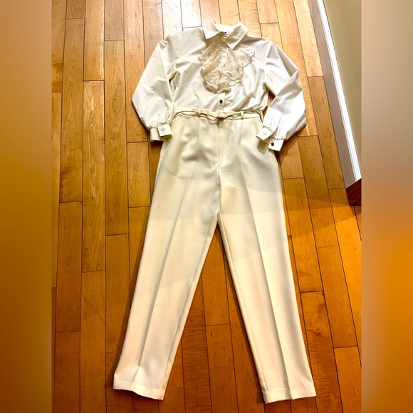 Vintage Ivory Monochromatic High Waisted Pants & Lace Ruffled Blouse Outfit - Picture 1 of 7